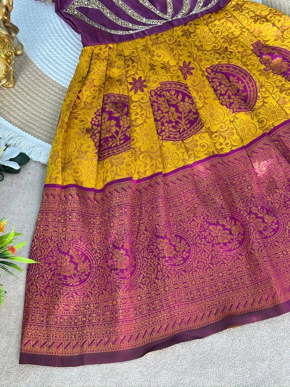 Lotus Frock Jaquard Silk Orange Kids garments market in Ahmedabad
